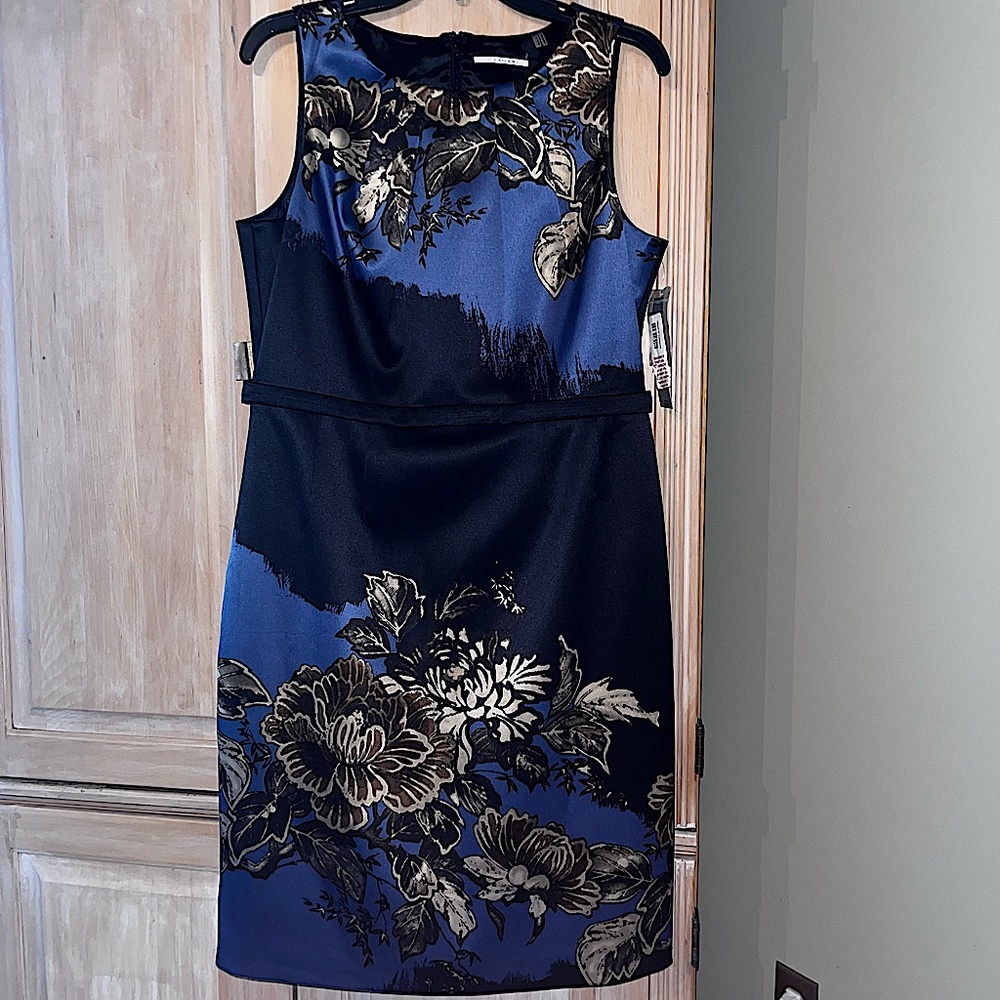 T Tahari black and blue satin dress sz 12